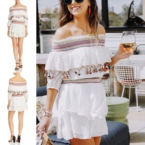 Red Carter Mira Smocked Off-the-Shoulder Dress / Cover-Up | colorful Pom Poms